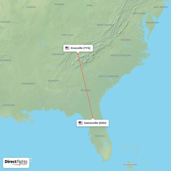 Knoxville - Gainesville direct flight map