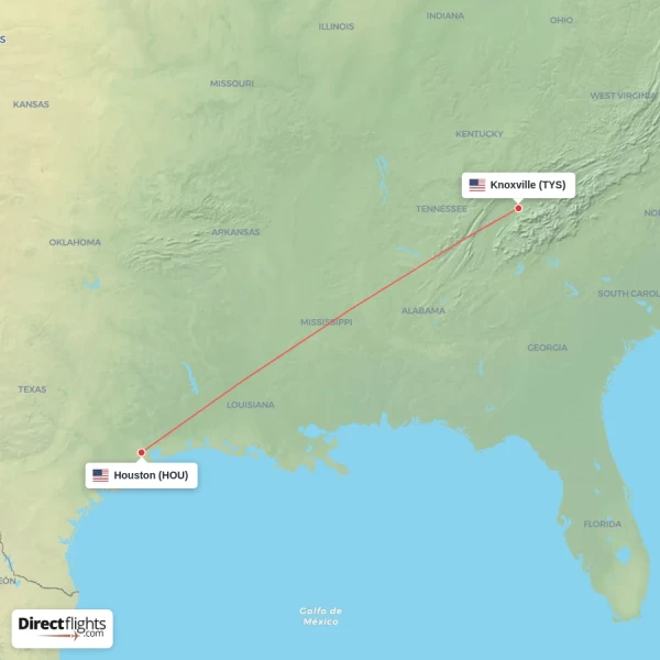 Knoxville - Houston direct flight map