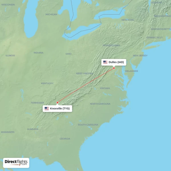 Knoxville - Dulles direct flight map