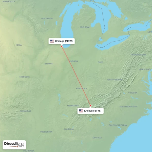 Knoxville - Chicago direct flight map