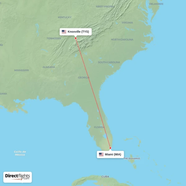 Knoxville - Miami direct flight map