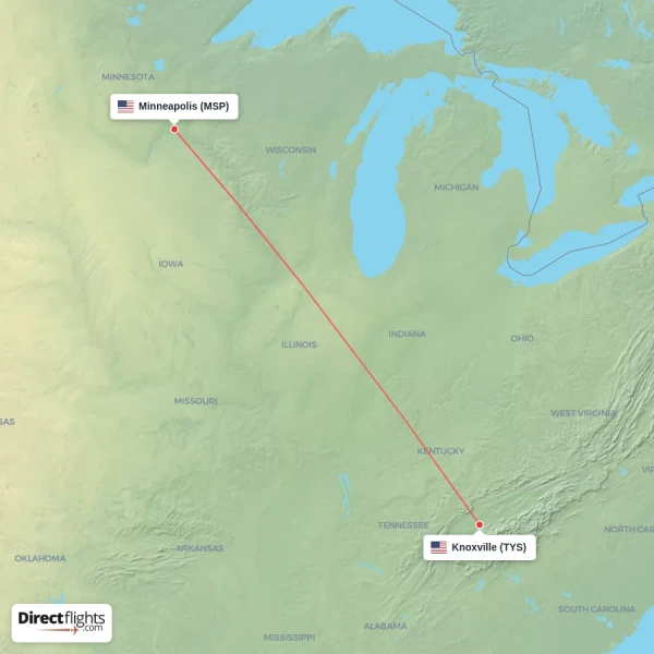 Knoxville - Minneapolis direct flight map