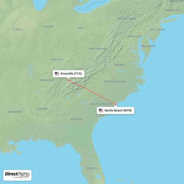 Knoxville - Myrtle Beach direct flight map
