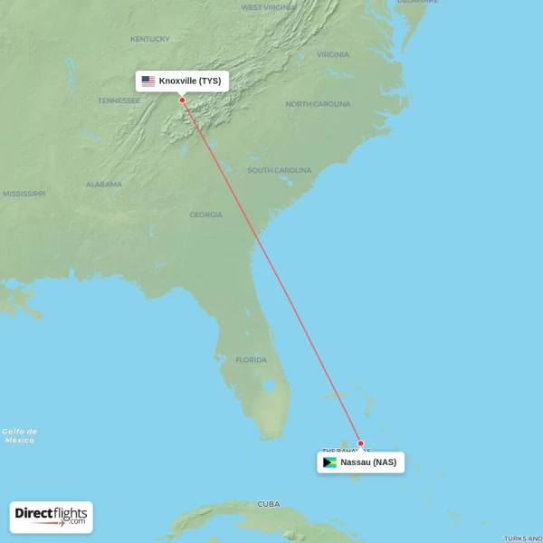 Knoxville - Nassau direct flight map