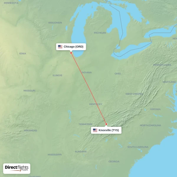 Knoxville - Chicago direct flight map