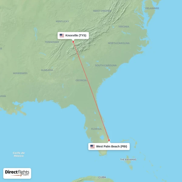 Knoxville - West Palm Beach direct flight map