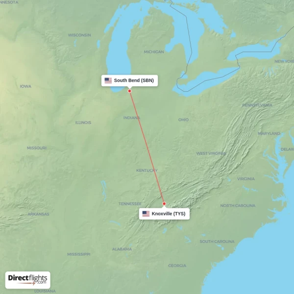 Knoxville - South Bend direct flight map