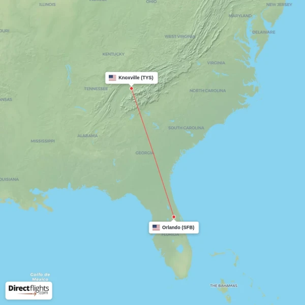 Knoxville - Orlando direct flight map