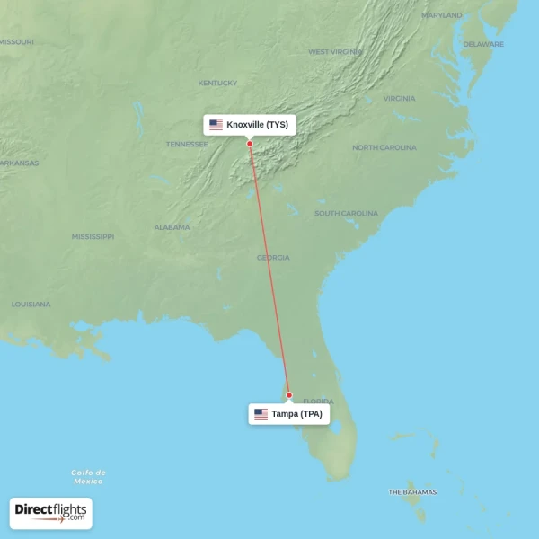 Knoxville - Tampa direct flight map