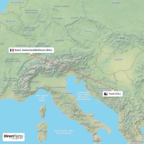 Tuzla - Basel, Switzerland/Mulhouse direct flight map