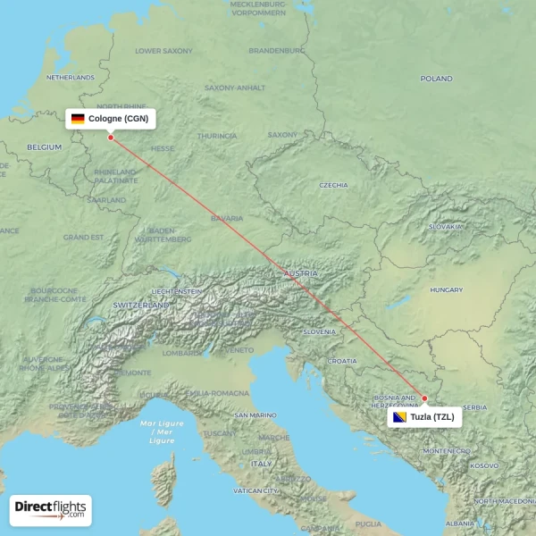 Tuzla - Cologne direct flight map