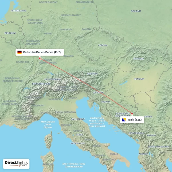 Tuzla - Karlsruhe/Baden-Baden direct flight map