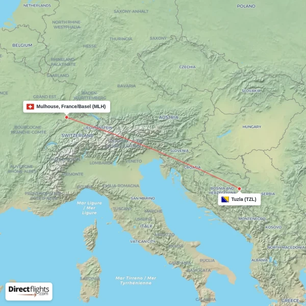 Tuzla - Mulhouse, France/Basel direct flight map