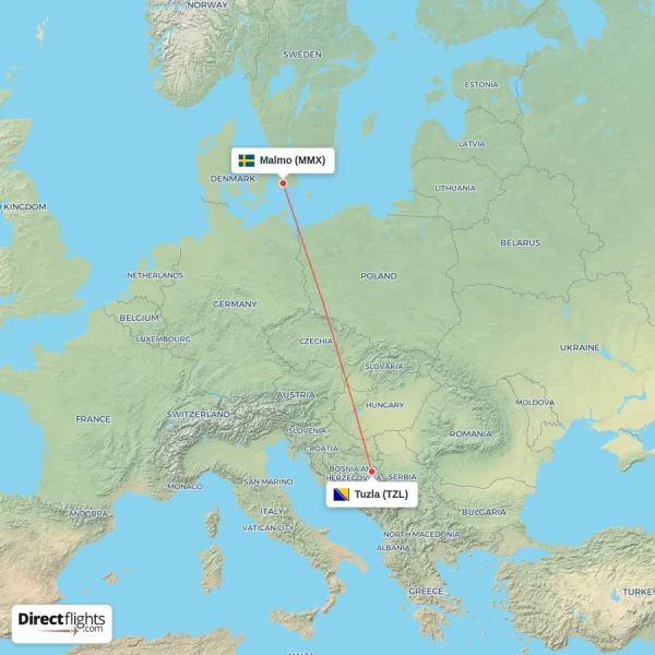 Tuzla - Malmo direct flight map