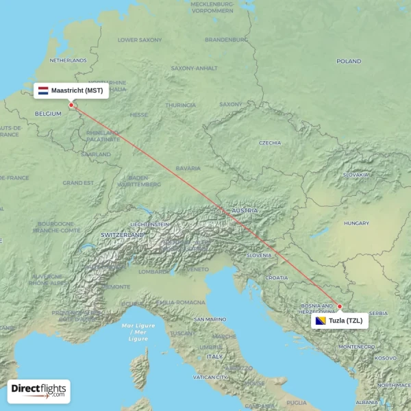 Tuzla - Maastricht direct flight map