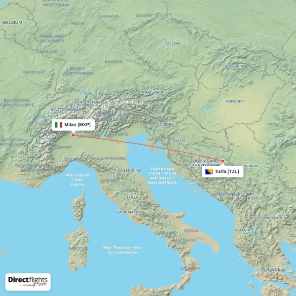 Tuzla - Milan direct flight map
