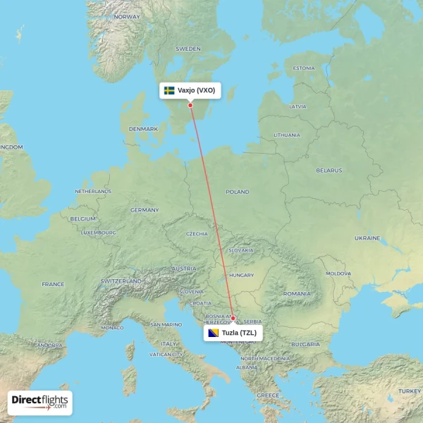 Tuzla - Vaxjo direct flight map