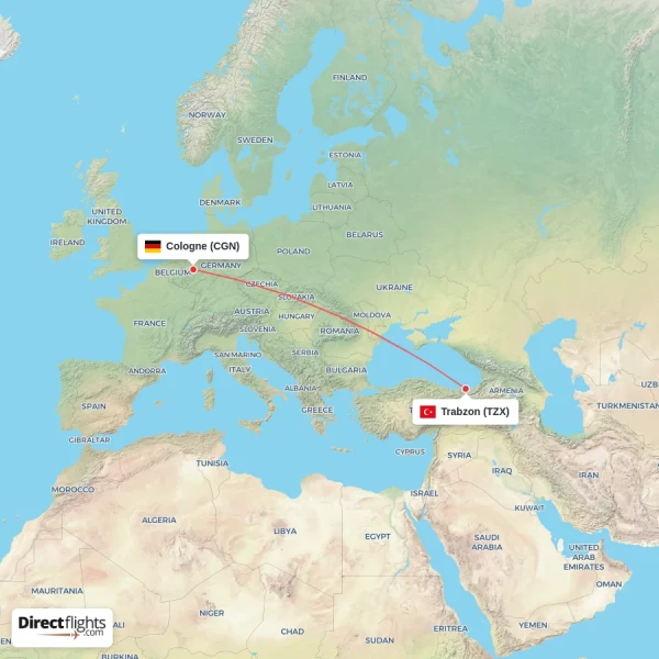 Trabzon - Cologne direct flight map
