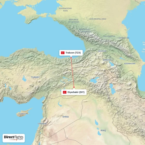 Trabzon - Diyarbakir direct flight map