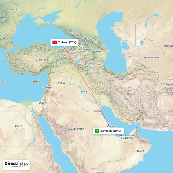 Trabzon - Dammam direct flight map