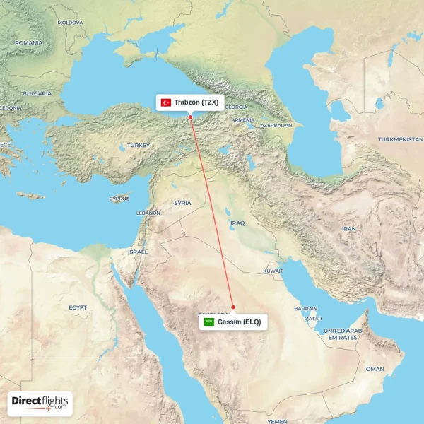 Trabzon - Gassim direct flight map