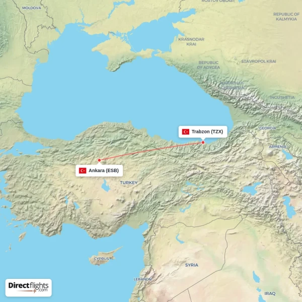 Trabzon - Ankara direct flight map