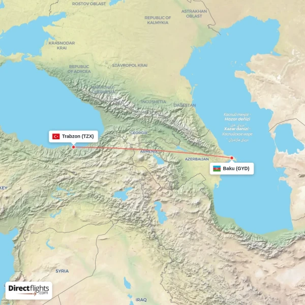 Trabzon - Baku direct flight map