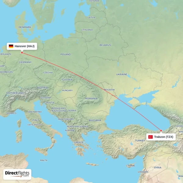 Trabzon - Hanover direct flight map