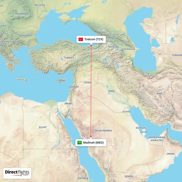Trabzon - Madinah direct flight map