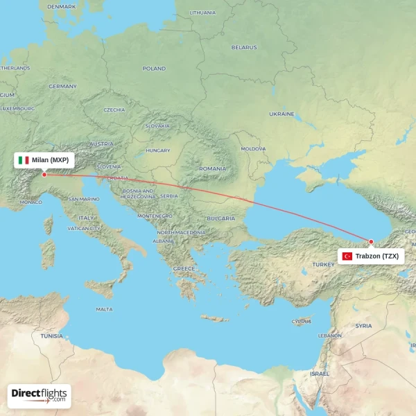 Trabzon - Milan direct flight map