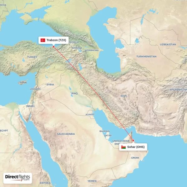 Trabzon - Sohar direct flight map