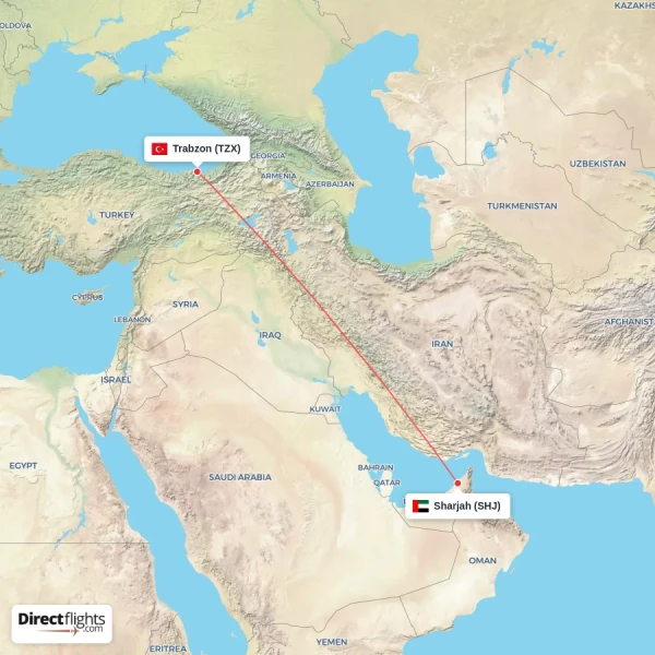 Trabzon - Sharjah direct flight map