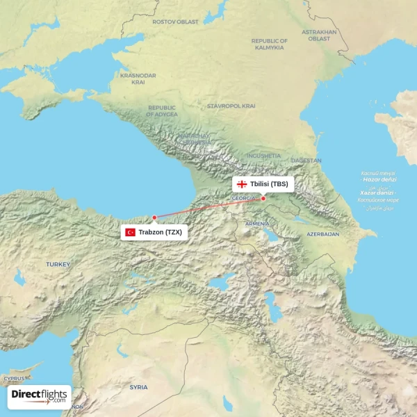 Trabzon - Tbilisi direct flight map