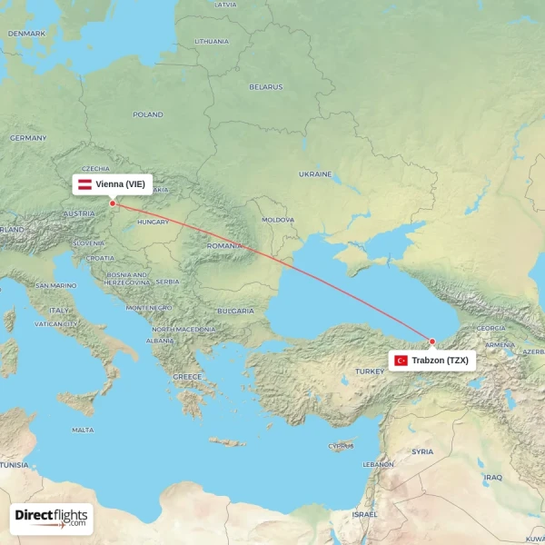 Trabzon - Vienna direct flight map