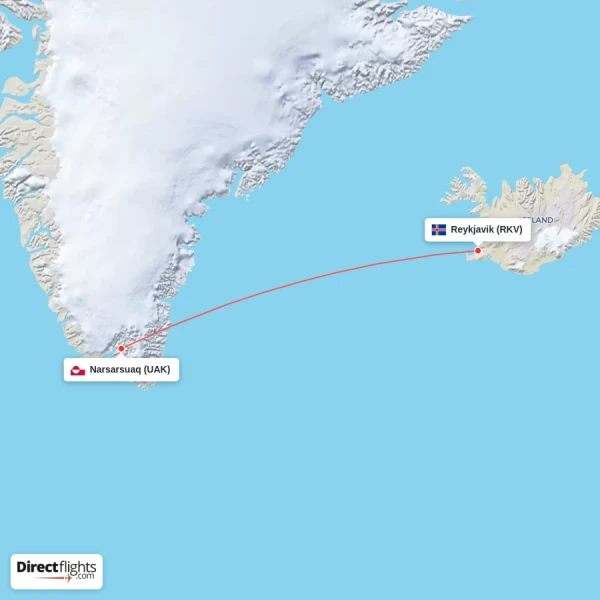 Narsarsuaq - Reykjavik direct flight map