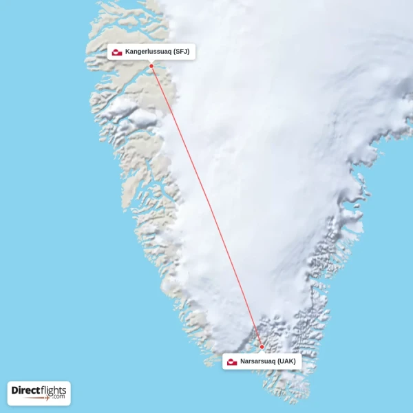 Narsarsuaq - Kangerlussuaq direct flight map