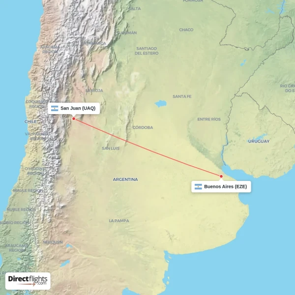 San Juan - Buenos Aires direct flight map