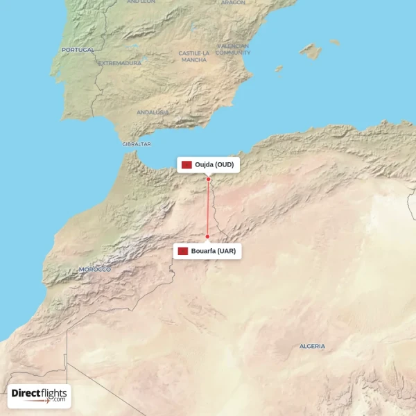 Bouarfa - Oujda direct flight map