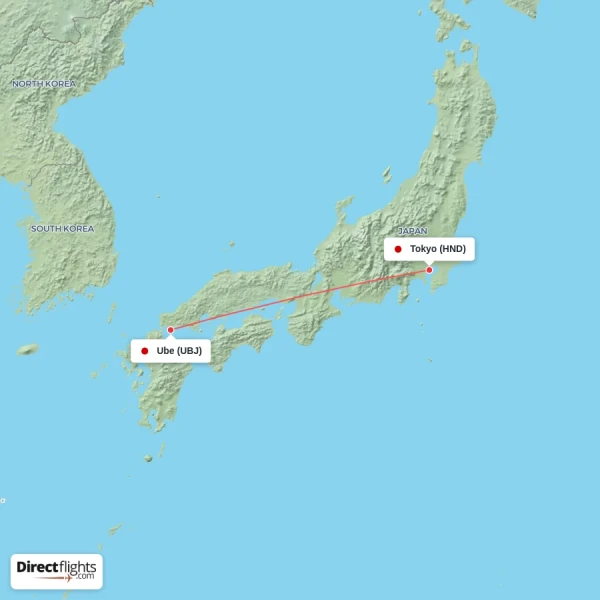 Ube - Tokyo direct flight map