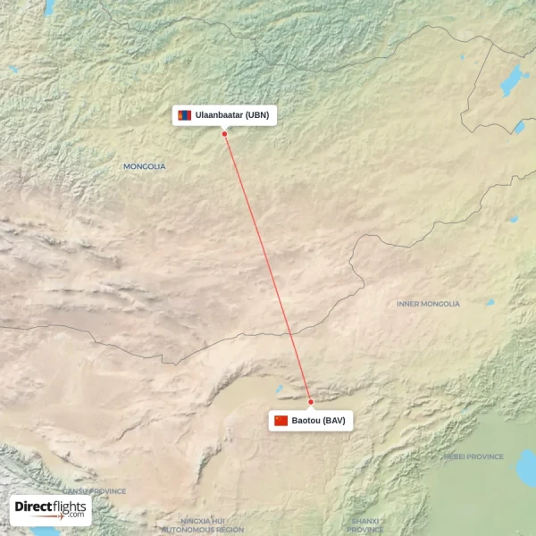 Ulaanbaatar - Baotou direct flight map