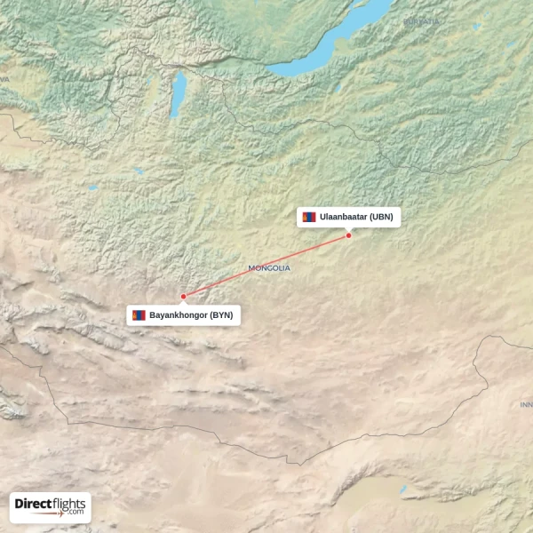 Ulaanbaatar - Bayankhongor direct flight map