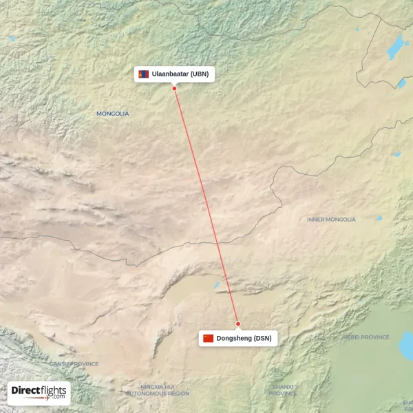 Ulaanbaatar - Dongsheng direct flight map