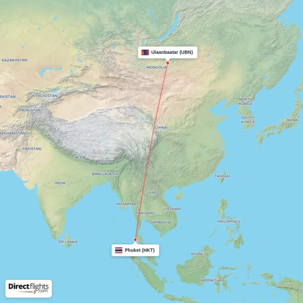 Ulaanbaatar - Phuket direct flight map