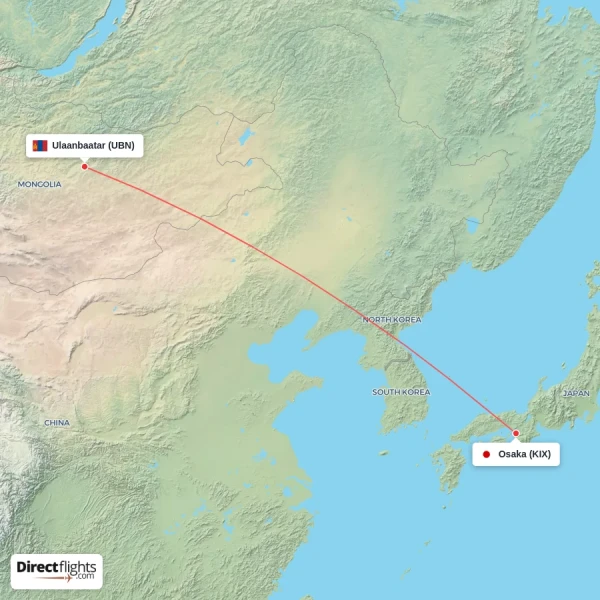 Ulaanbaatar - Osaka direct flight map