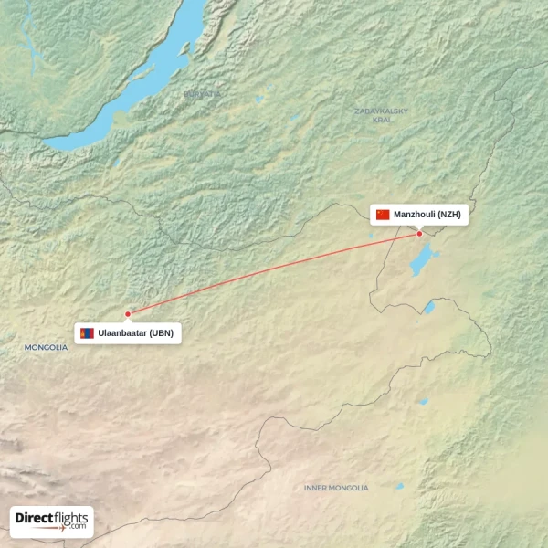 Ulaanbaatar - Manzhouli direct flight map