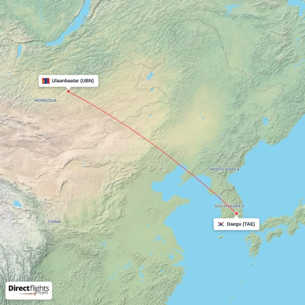 Ulaanbaatar - Daegu direct flight map