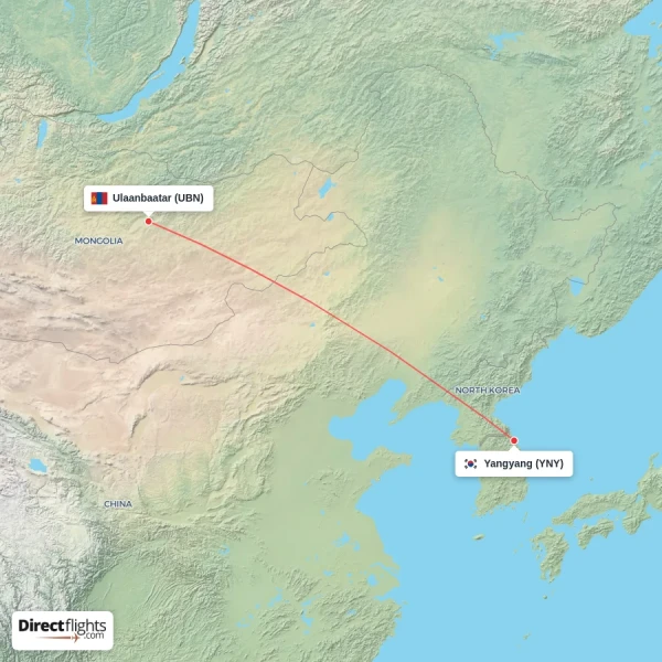 Ulaanbaatar - Yangyang direct flight map