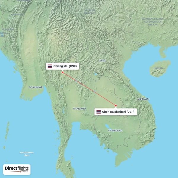 Ubon Ratchathani - Chiang Mai direct flight map