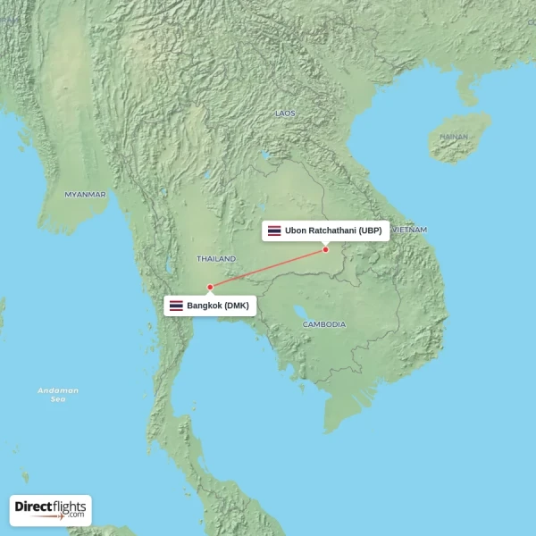 Ubon Ratchathani - Bangkok direct flight map