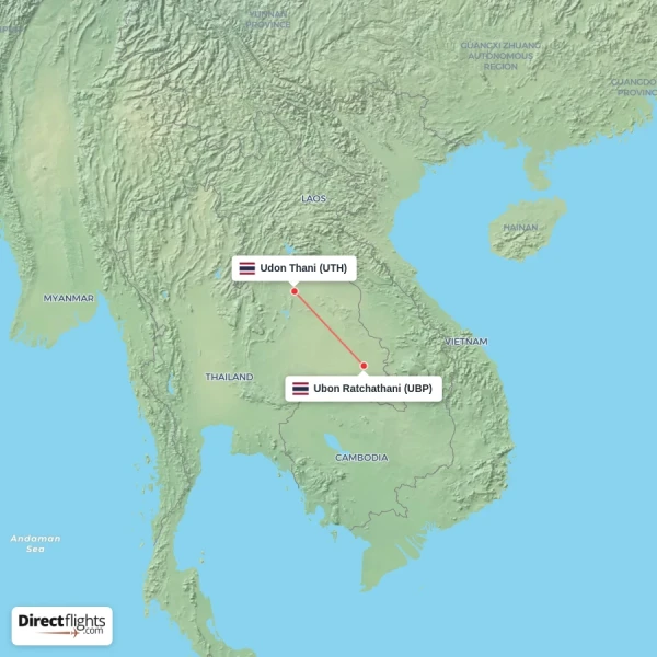 Ubon Ratchathani - Udon Thani direct flight map